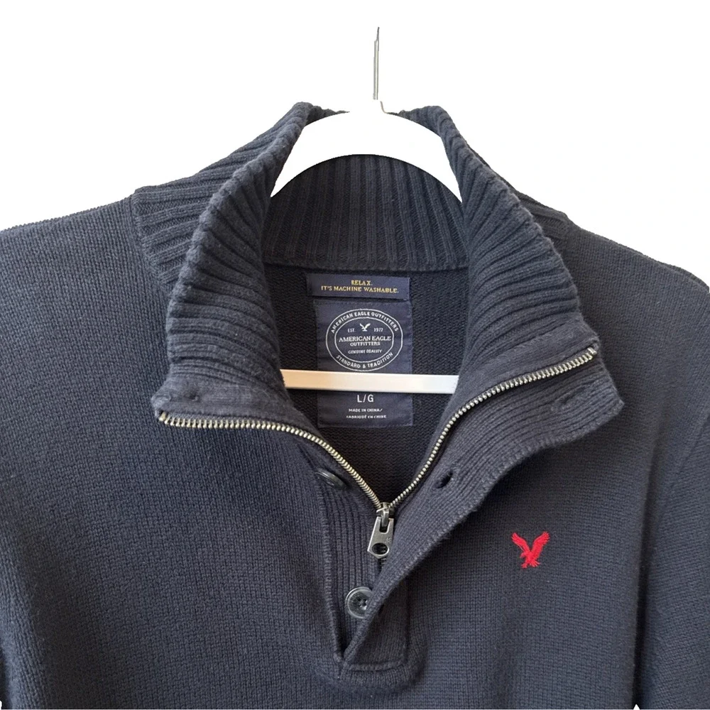 American Eagle Outfitters Sweater Men's L Preppy Athletic Fit Logo Pullover Navy